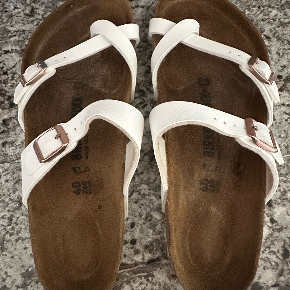 Birkenstock White Leather Cork Footbed Sandals with Rose Gold Buckles